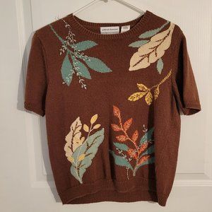 Brown Floral Short-Sleeved Sweater